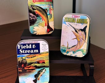 Trio Vintage Fishing Box – Retro Pocket Tin Wallet with Magazine Art - Fishing Bundle