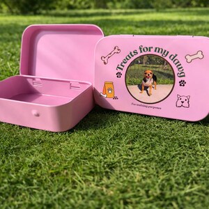 Puede incluir: Una caja rosa para golosinas para perros, abierta para revelar el interior. La tapa presenta una foto de un perro, ilustraciones de huesos y el texto "Treats for my dawg". La caja está sobre una superficie de hierba verde.