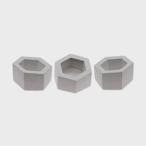 May include: Three light gray, hexagonal concrete planters. Each planter has a geometric design with a wide opening and a deep interior. The planters are arranged in a row against a white background.