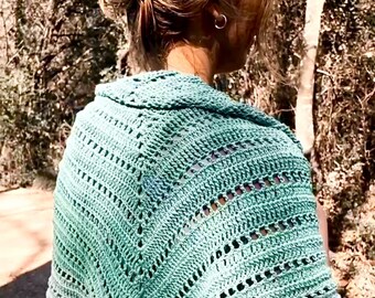 Green gradient shawl, organic cotton, fashion accessory, scarf, personal adornment, crochet, triangular shawl scarf, boho,