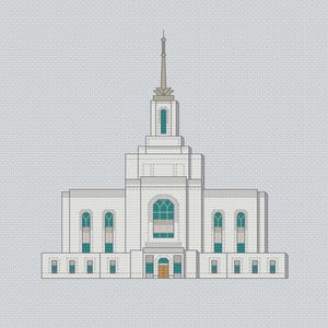 May include: An architectural illustration of a white building with a tall spire. The building has multiple levels, arched windows with teal accents, and a teal door. The background is a light gray, textured pattern.