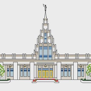 May include: An illustration of a white building with a tall central tower and a statue on top. The building has multiple windows, a red carpet leading to yellow doors, and green trees in front. The sky is light gray.