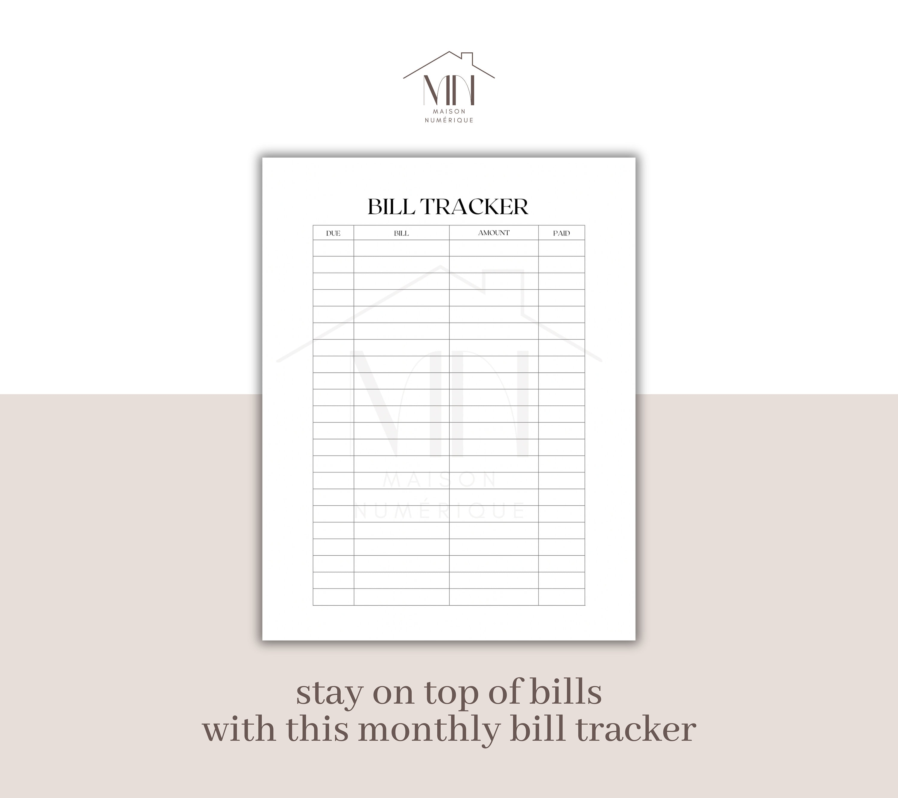 Monthly Bill Tracker Planner Due Date, Bill Name, Amount Due, Date Paid