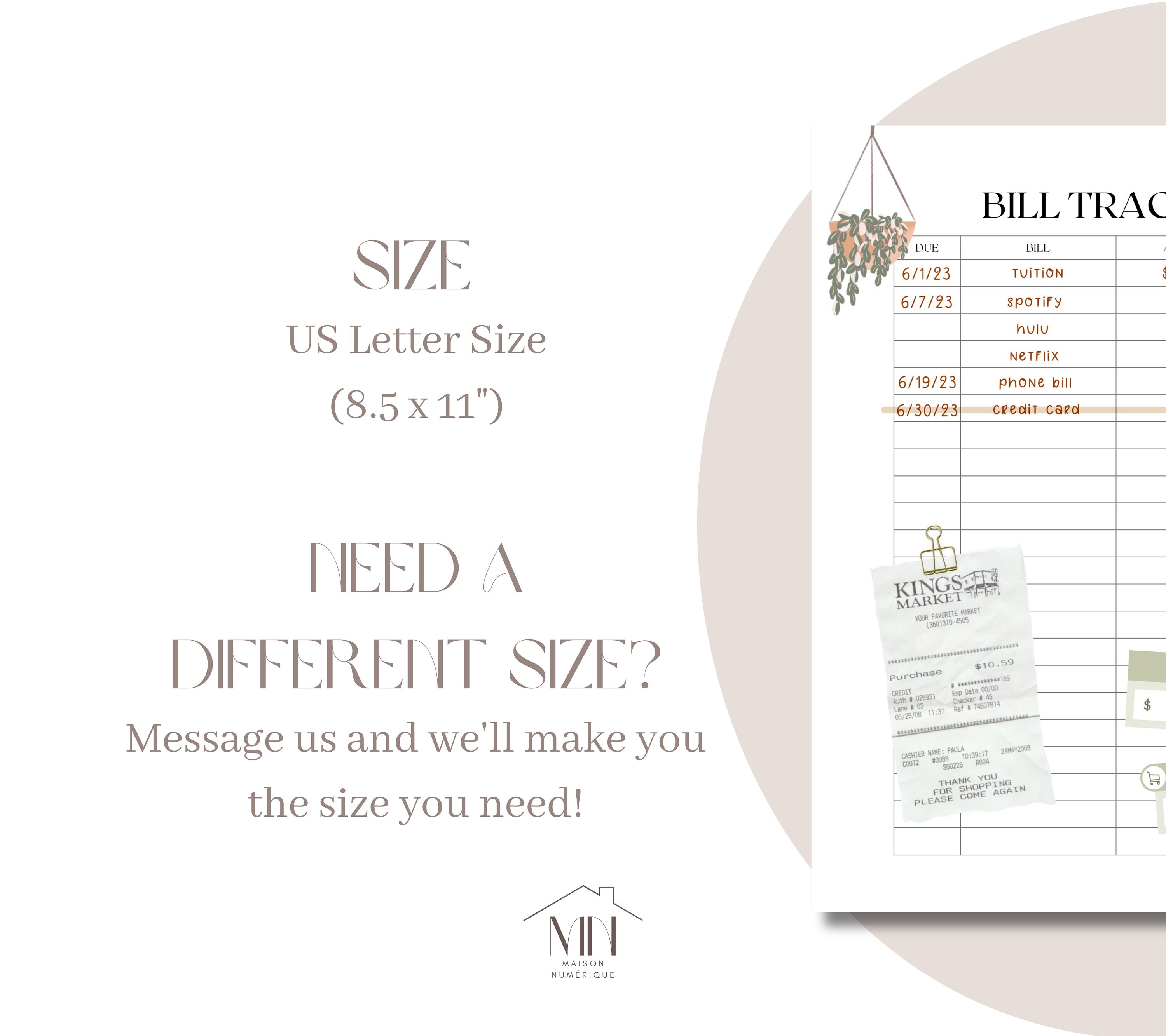 Monthly Bill Tracker Planner Due Date, Bill Name, Amount Due, Date Paid