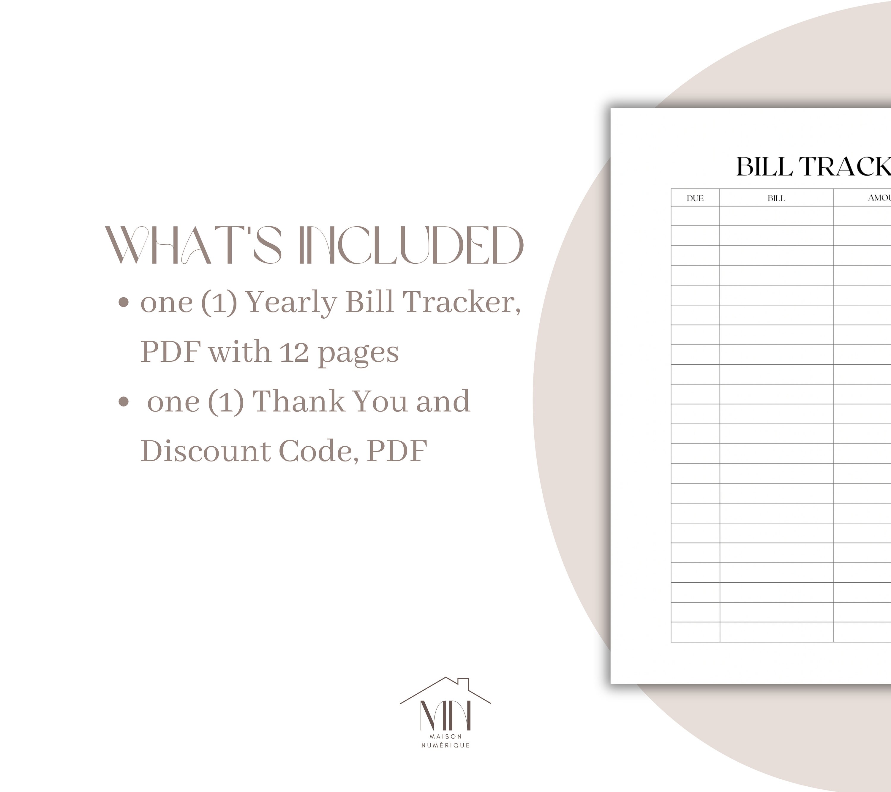 Monthly Bill Tracker Planner Due Date, Bill Name, Amount Due, Date Paid