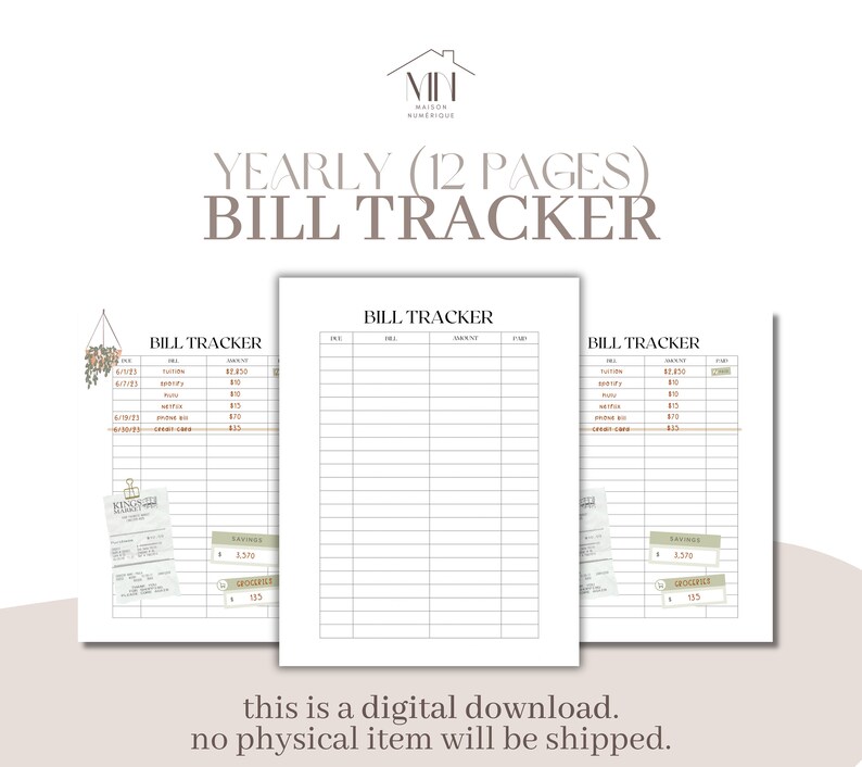 Monthly Bill Tracker Planner Due Date, Bill Name, Amount Due, Date Paid