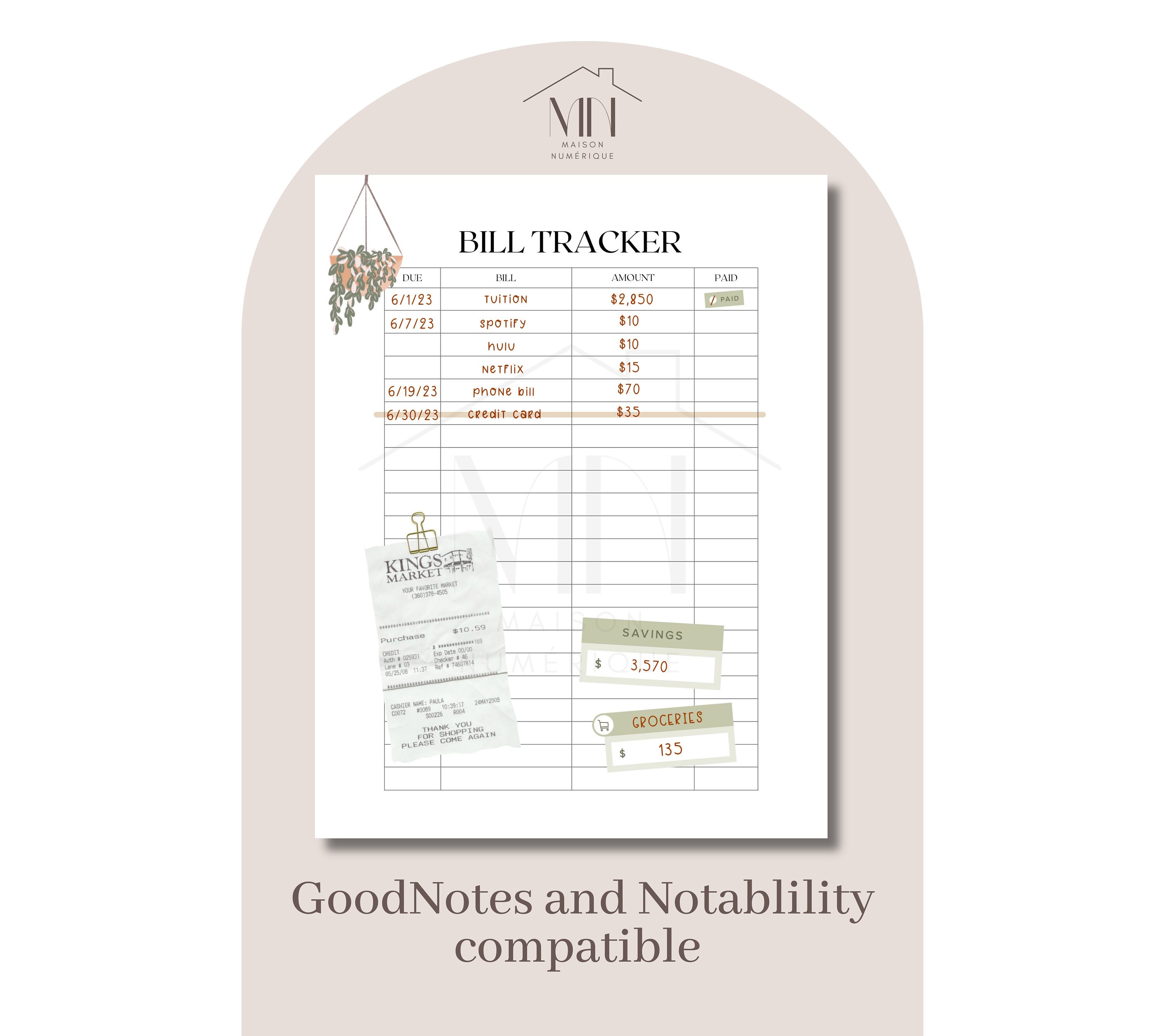 Monthly Bill Tracker Planner Due Date, Bill Name, Amount Due, Date Paid