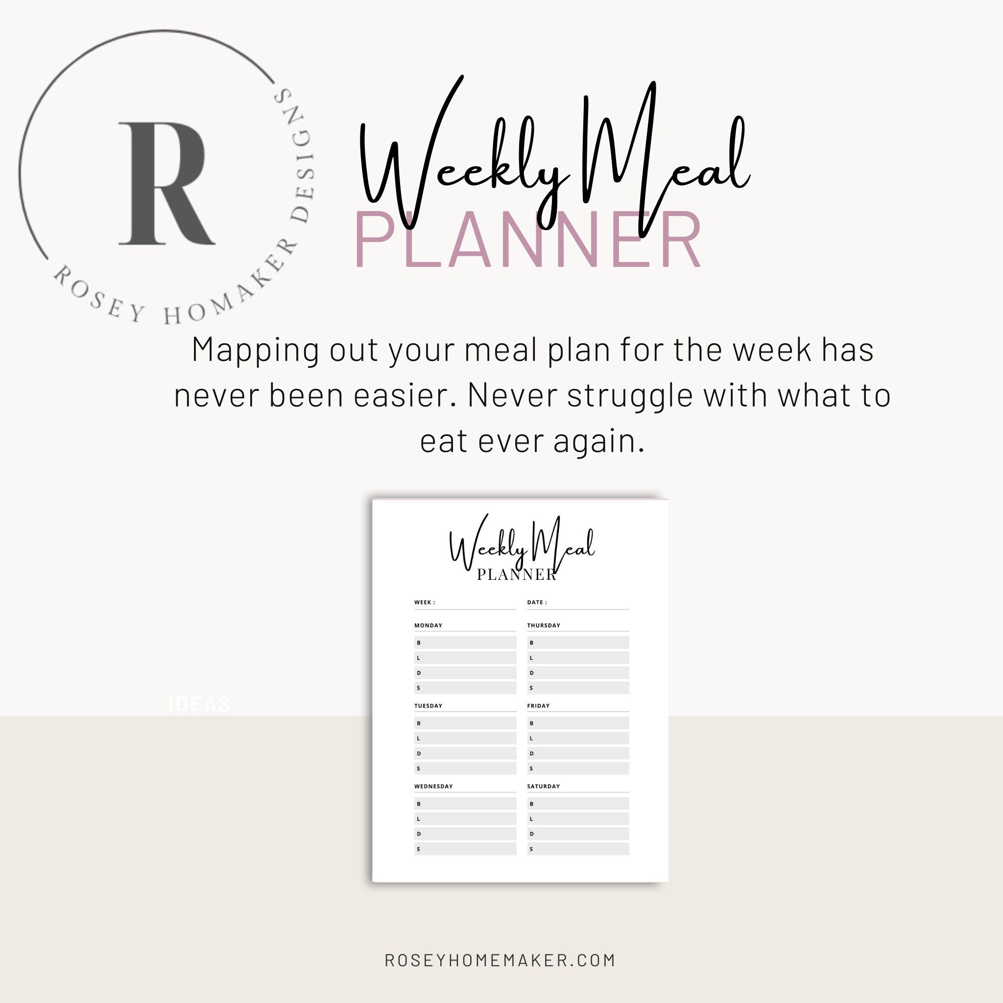 Weekly Meal Planner Printable | Minimalist Meal Planner Insert | Menu ...