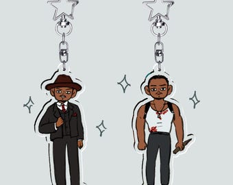 Llaveros a juego Smoke & Stack de Sinners 2025 / Ilustración chibi / Merch de fanart / Amantes del cine: vampiros, Ryan Coogler, Michael B. Jordan