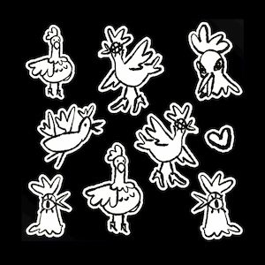 Huhn Doodles Stickerbogen | Glänzende Schwarz-Weiße Minimalistische Tinte Illustration Lustige Tier Aufkleber