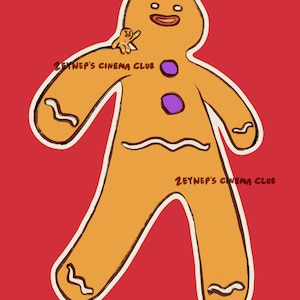 May include: A tan gingerbread person illustration on a red background with two purple buttons, white icing details, and a small gingerbread figure on its shoulder. The text ZEYNEP'S CINEMA CLUB appears twice in dark red lettering on the image.