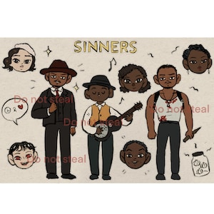 Stickervel Sinners 2025 | Chibi-inktillustratiestickers voor filmliefhebbers, vampiers Ryan Coogler Michael B Jordan