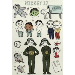 Stickervel Mickey 17 | Glanzende chibi-illustratiestickers voor cinefielen filmliefhebbers Bioscoop Bong Joon Ho Robert Pattinson Scifi-film