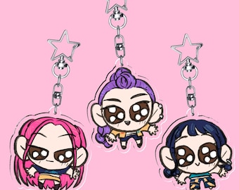 Huntrix Keychains Set | Chibi Ink Illustrations Cute Music | Kpop Demon Hunters Fanart Merch
