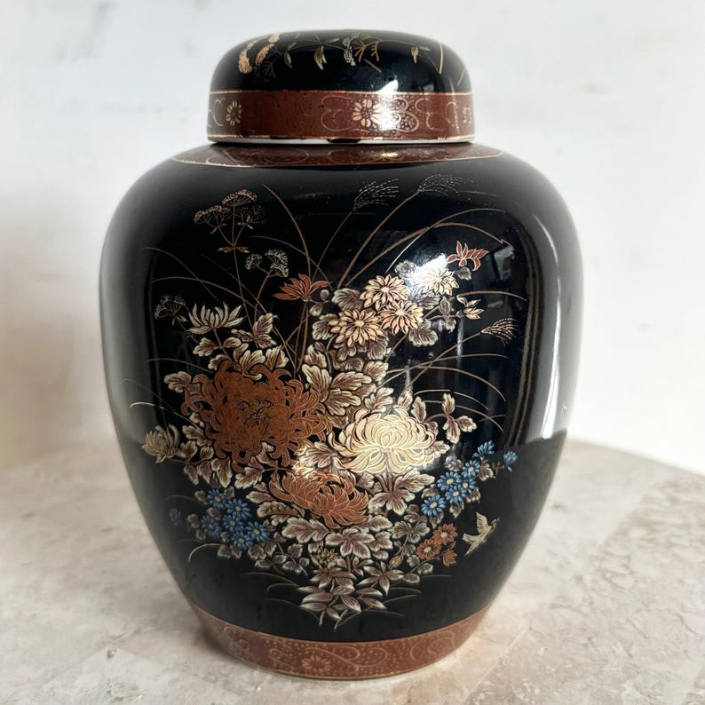 Vintage Japanese Black and Gold Ginger Jar image 1