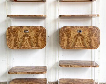 Postmodern Burl Wood Laminate and Lucite Modular Wall Unit/Etagere/Dry Bar