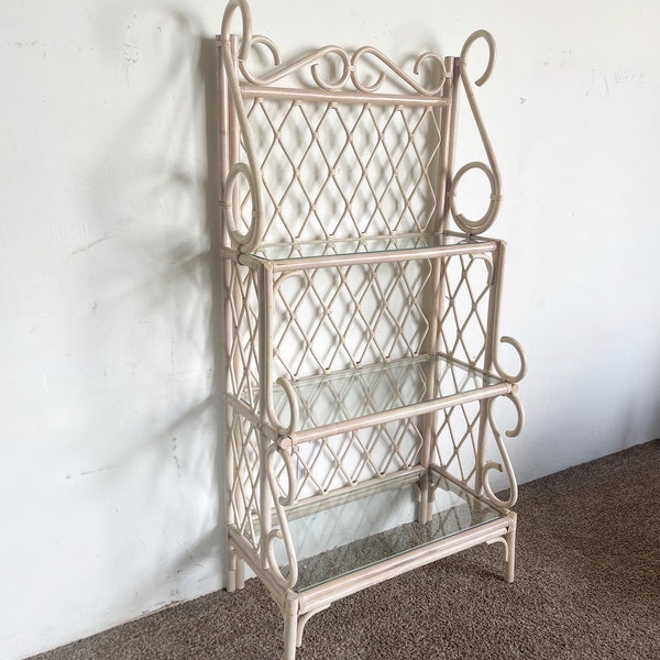 Boho Chic Bamboo Rattan Whitewash Bakers Rack/Etagere