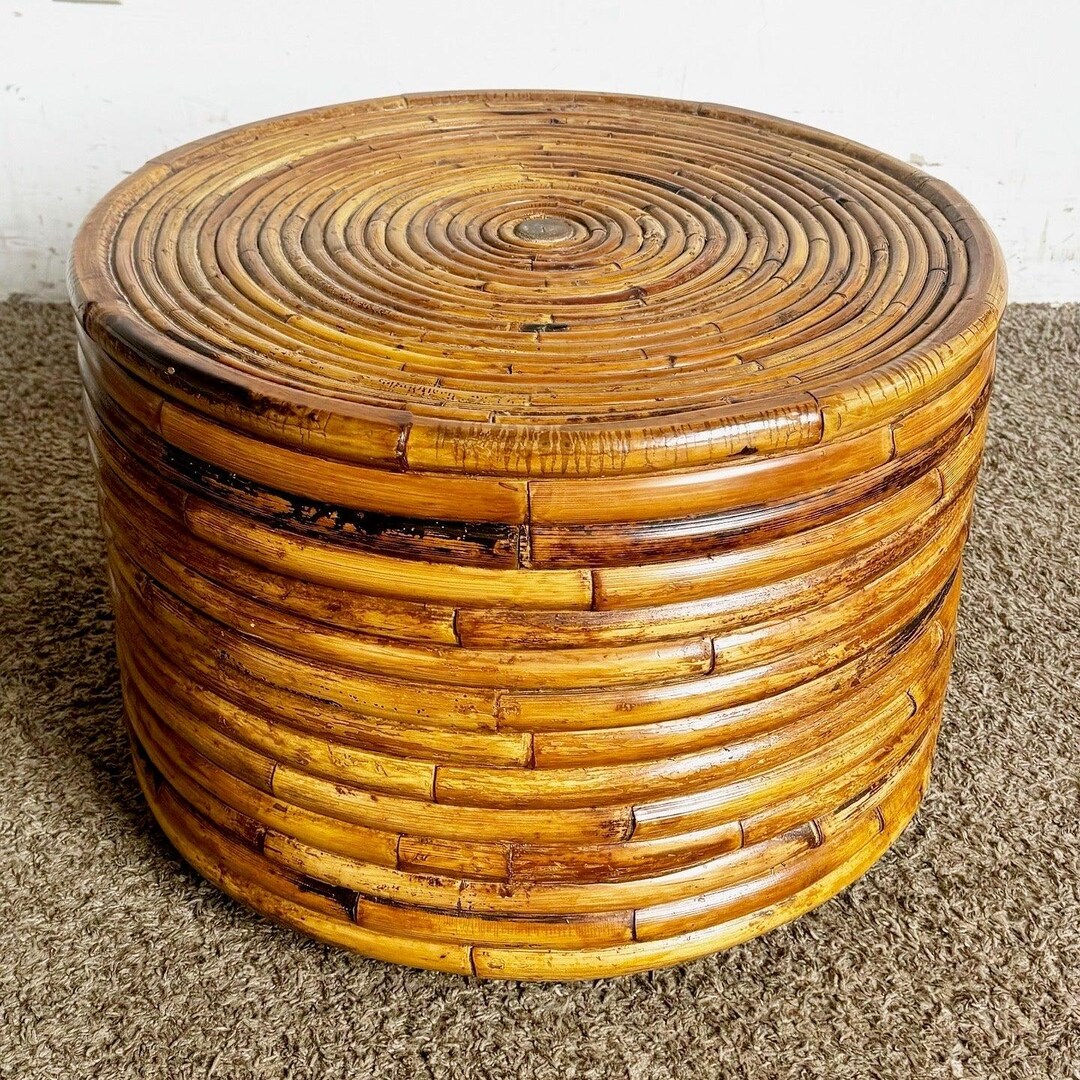 Boho Chic Bamboo Pencil Reed Circular Drum Side Table - Etsy
