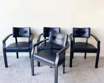 Postmodern Black Metal and Faux Leather Dining Chairs