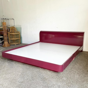 Postmodern Maroon Lacquer Laminate King Size Platform Bed and Headboard