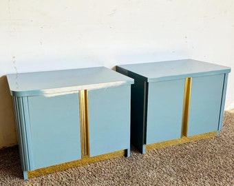 Italian Postmodern Baby Blue Lacquered Nightstands With Gold Accents - a Pair