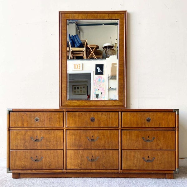 Vintage Campaign Accolade Triple Dresser With Mirror by Drexel Heritage