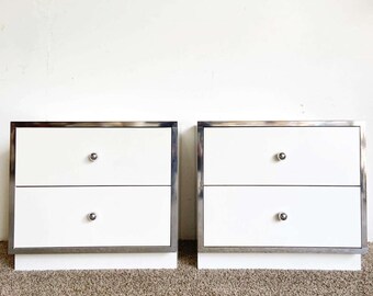 Postmodern White Lacquer Laminate and Chrome Nightstands - a Pair