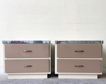 Postmodern Cream and Taupe Lacquer Laminate Nightstands - a Pair