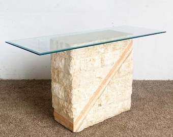 Postmodern Tessellated Mactan Stone Console Table w/ Polished Pink Stone Accent
