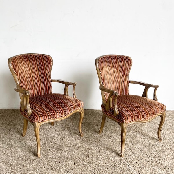 Traditional Wooden Retro Fabric Arm Chairs - a Pair