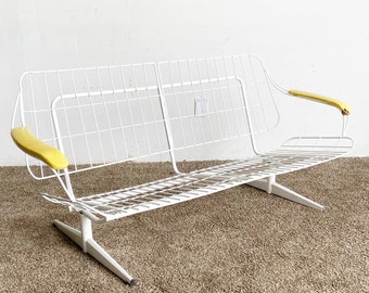 Danish Modern White Wire Metal Sofa With Yellow Arm Rests