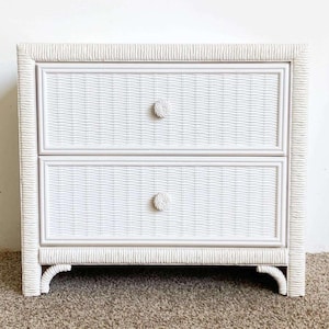 White Boho Faux Wicker and Rattan Nightstand/Side Table