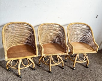 Boho Chic Buri Rattan Bamboo Swivel Barrel Dining Chairs on Casters – Set of 3