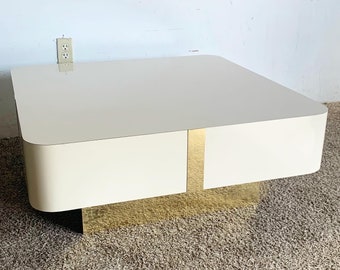 Postmodern Cream Lacquer Laminate Square Top Coffee Table With Gold Accents