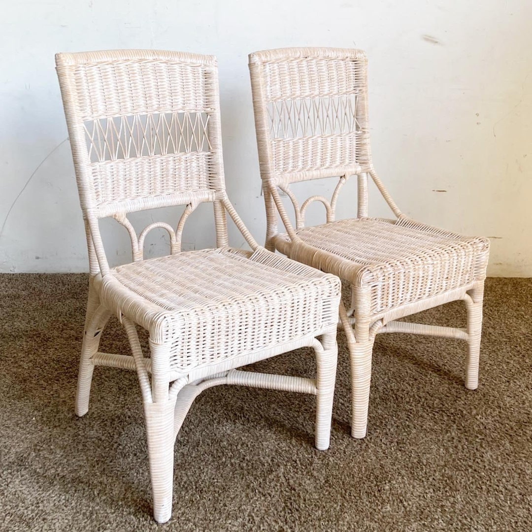 Boho Chic White Washed Wicker Rattan Side Chairs a Pair Etsy