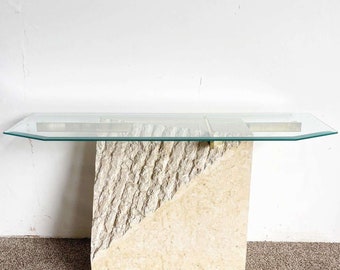 Postmodern Tessellated Stone Gold and Glass Console Table