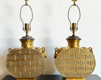 Chinoiserie Bulbous Brass “Kotel” Lamps - a Pair