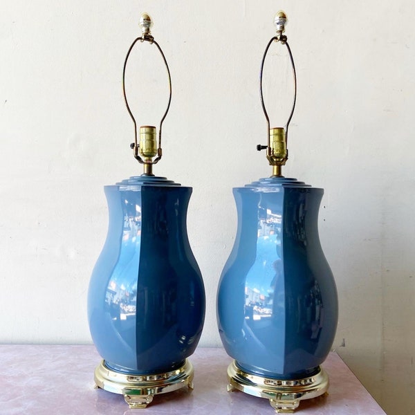 Postmodern Blue Porcelain Table Lamps With Gold Base - a Pair