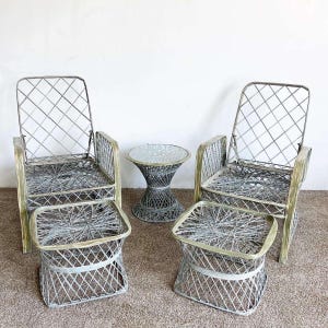 Russell Woodard Spun Fiberglass Lounge Chairs With Ottomans and Side Tables