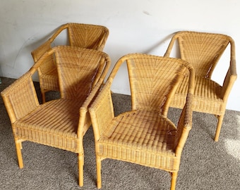 Boho Chic Wicker and Rattan Dining Arm Chairs - Set of 4