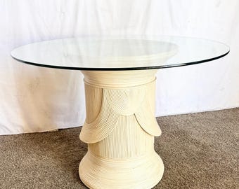 Boho Chic Sculpted Pencil Reed Circular Glass Top Dining Table