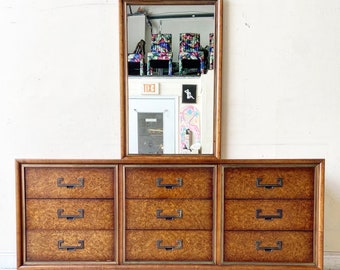 Mid Century Chinoiserie Burl Wood Dresser With Mirror by Founders