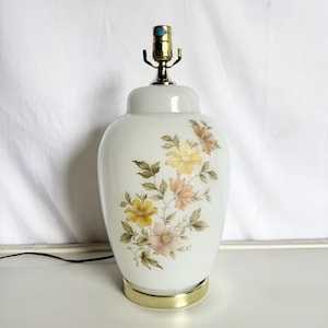 Vintage White and Glass Table Lamp on Gold Base With Hand Painted Flowers