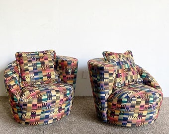 Postmodern Vladimir Kagan Style Multicolor Nautilus Swivel Chairs - a Pair