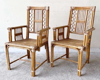 Boho Chic Bamboo Rattan and Cane Dining Chairs Attributed to Brighton - a Pair