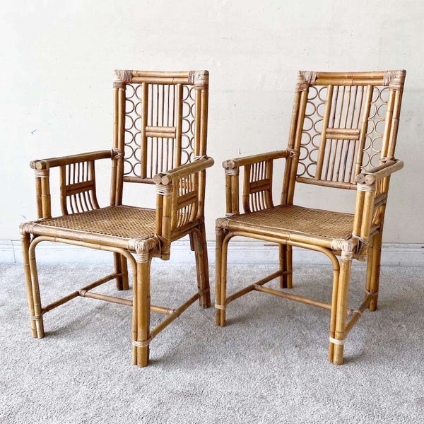 Boho Chic Bamboo Rattan and Cane Dining Chairs Attributed to Brighton - a Pair