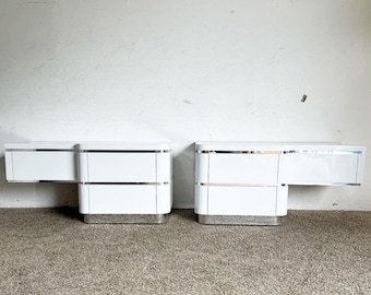 Postmodern Oversized White Lacquer Laminate and Chrome Nightstands/Dressers