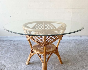 1980s Boho Chic Rattan and Woven Wicker Circular Glass Top Dining Table