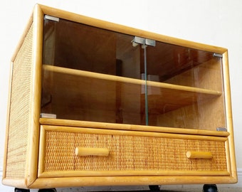 Boho Chic Bamboo Wicker Cabinet on Rollers