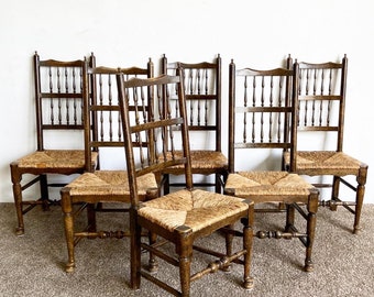 Farmhouse Spindle Back Rush Seat Wooden Dining Chairs - Set of 6